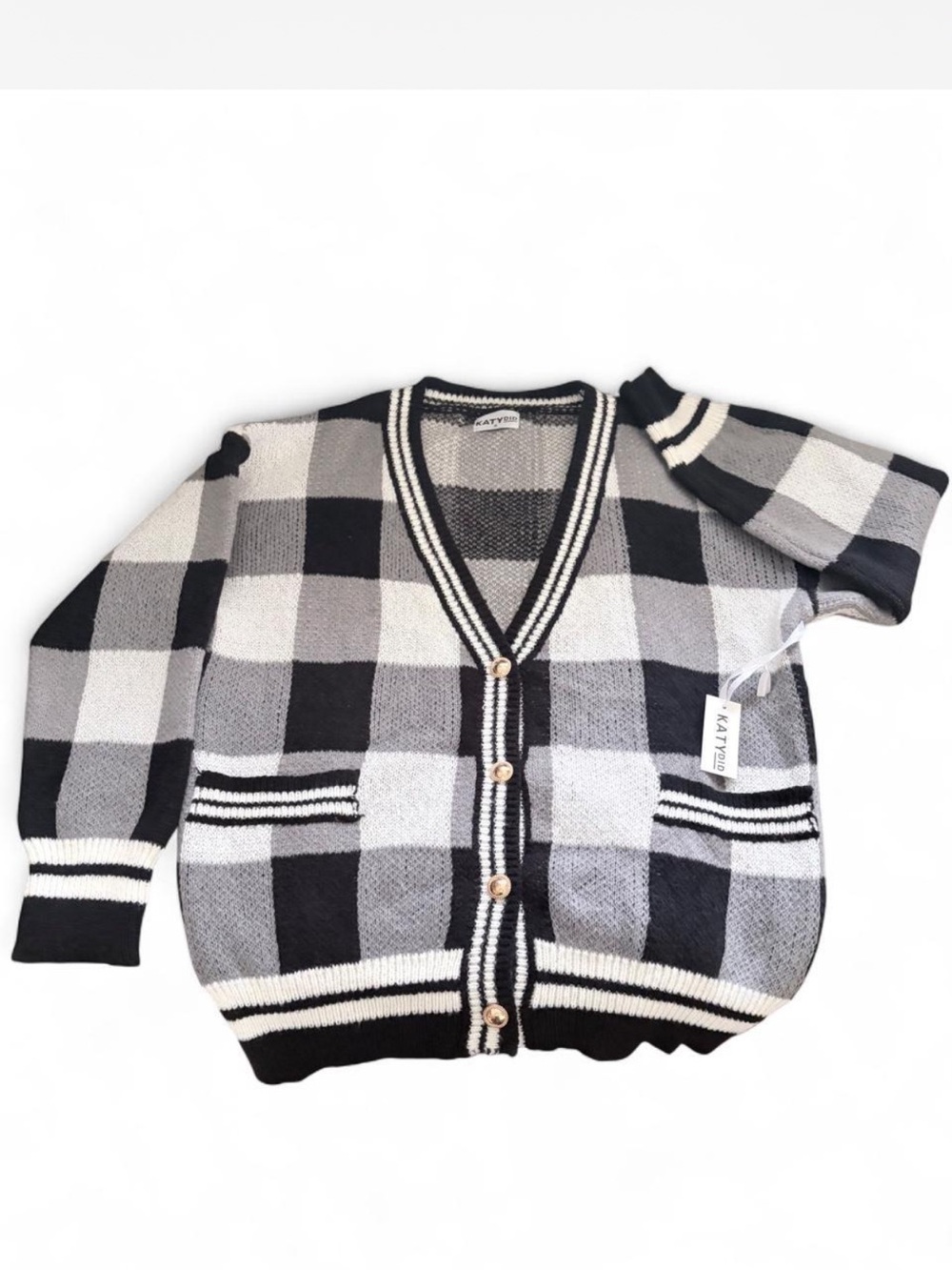 Women’s Black & White Buffalo Plaid Knit Cardigan
